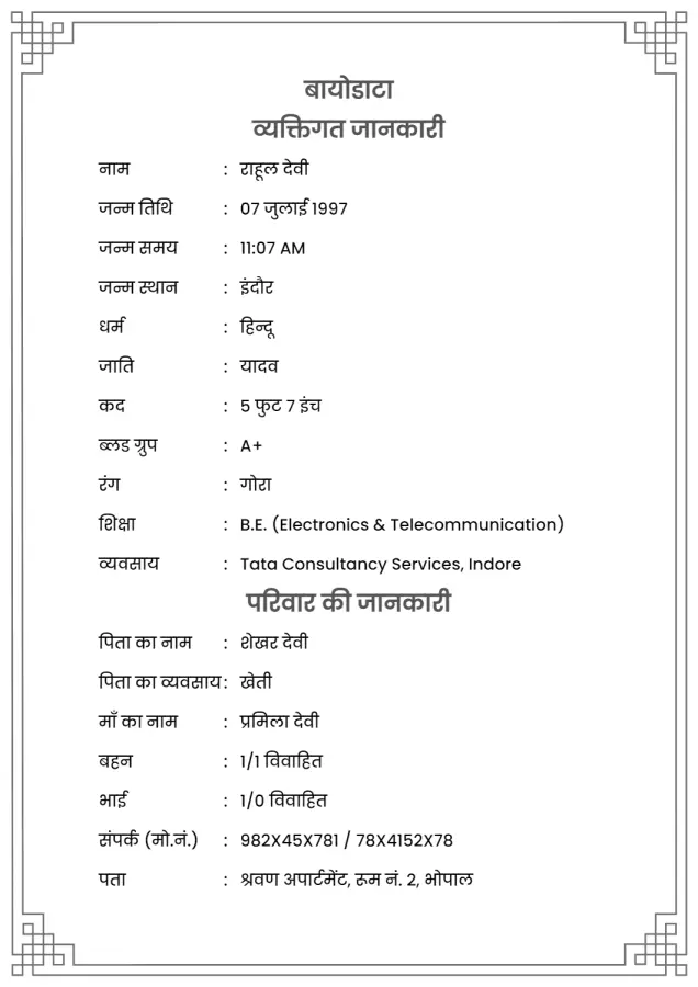 Biodata for Marriage in Hindi with Simple Border with Square Shapes on Corner